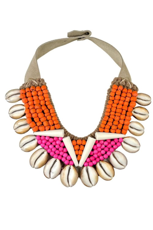 Cowrie Collar Necklace | Pink + Orange