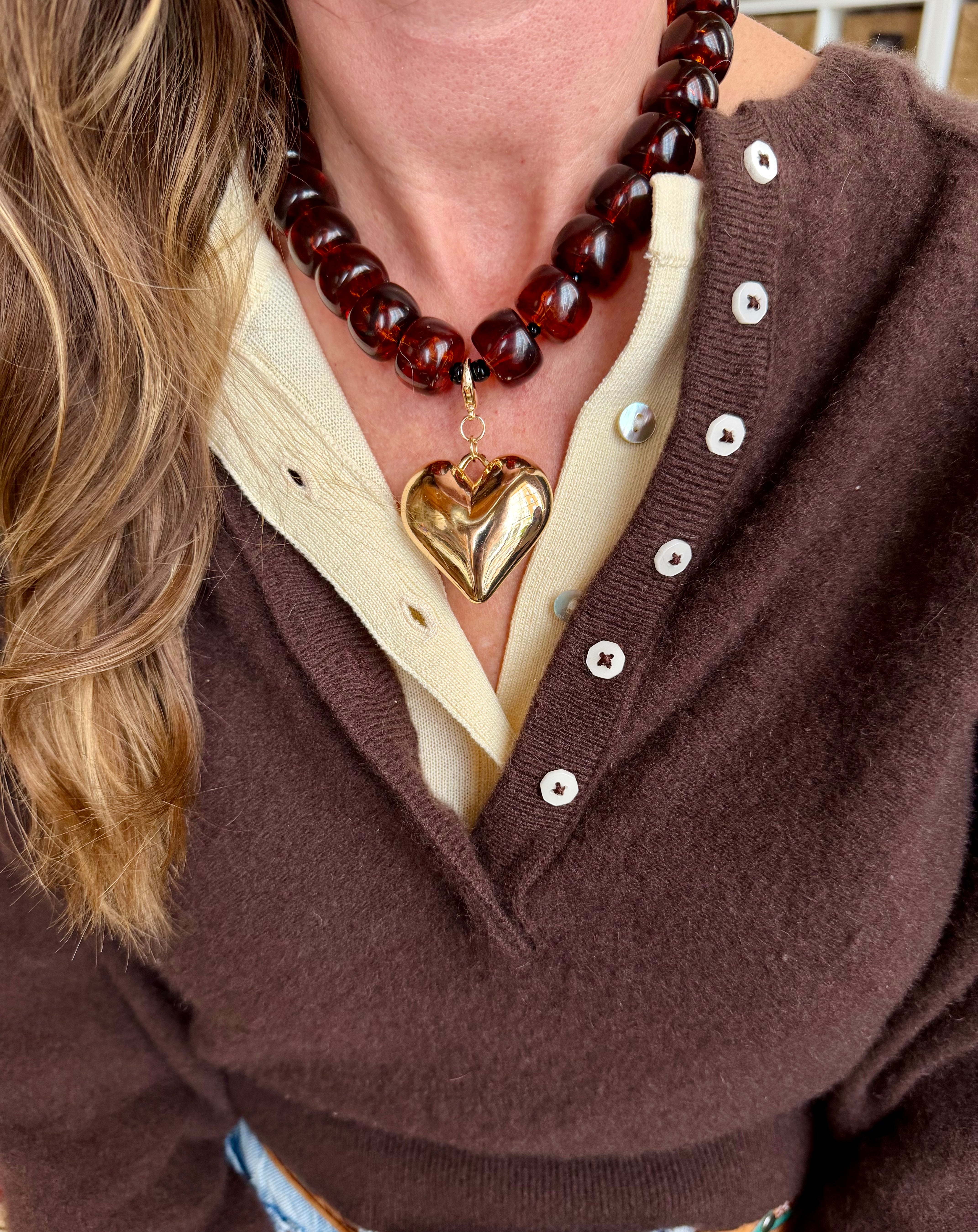 Chunky Beaded Heart Necklace | Brown