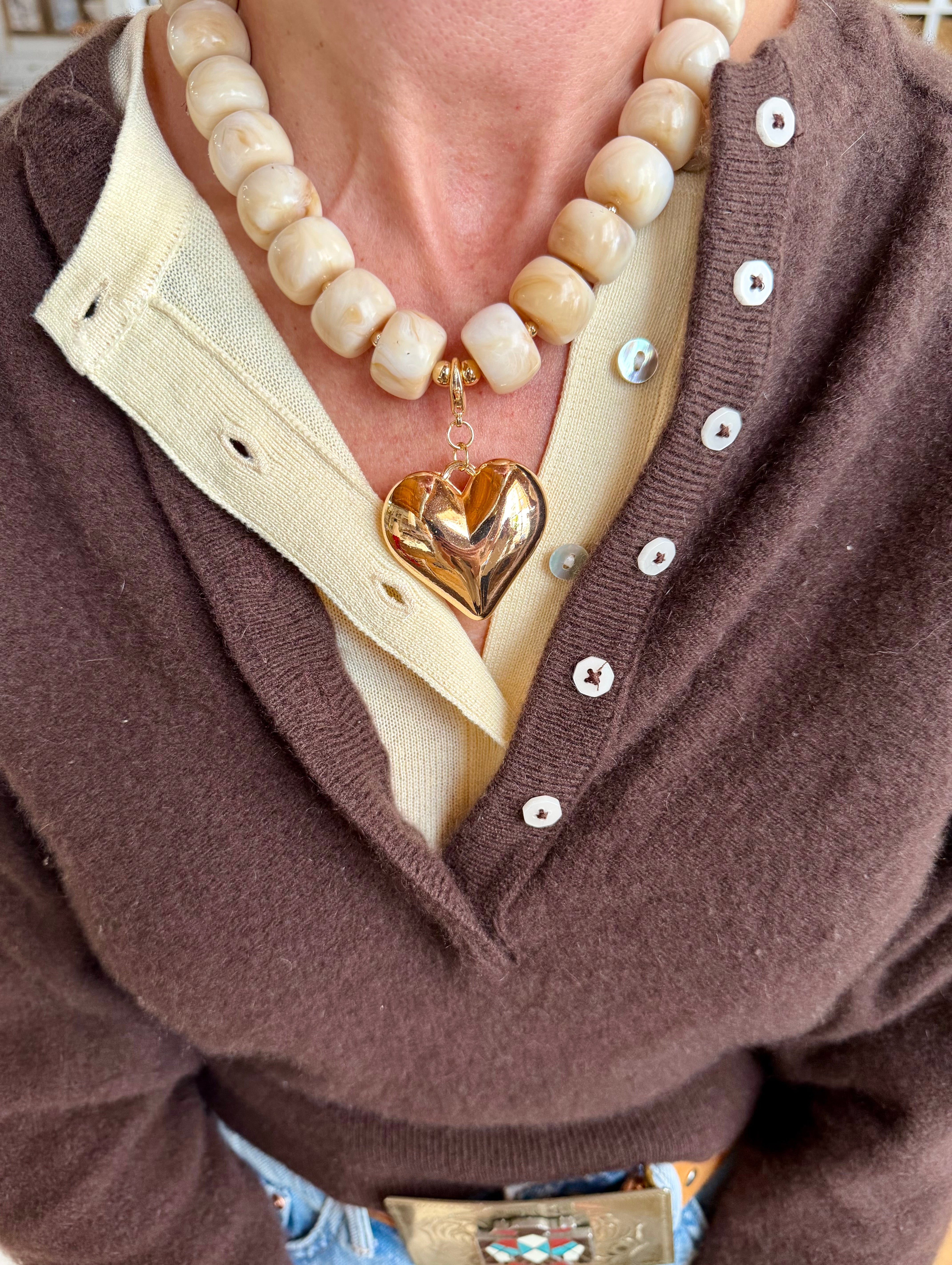 Chunky Beaded Heart Necklace | Cream