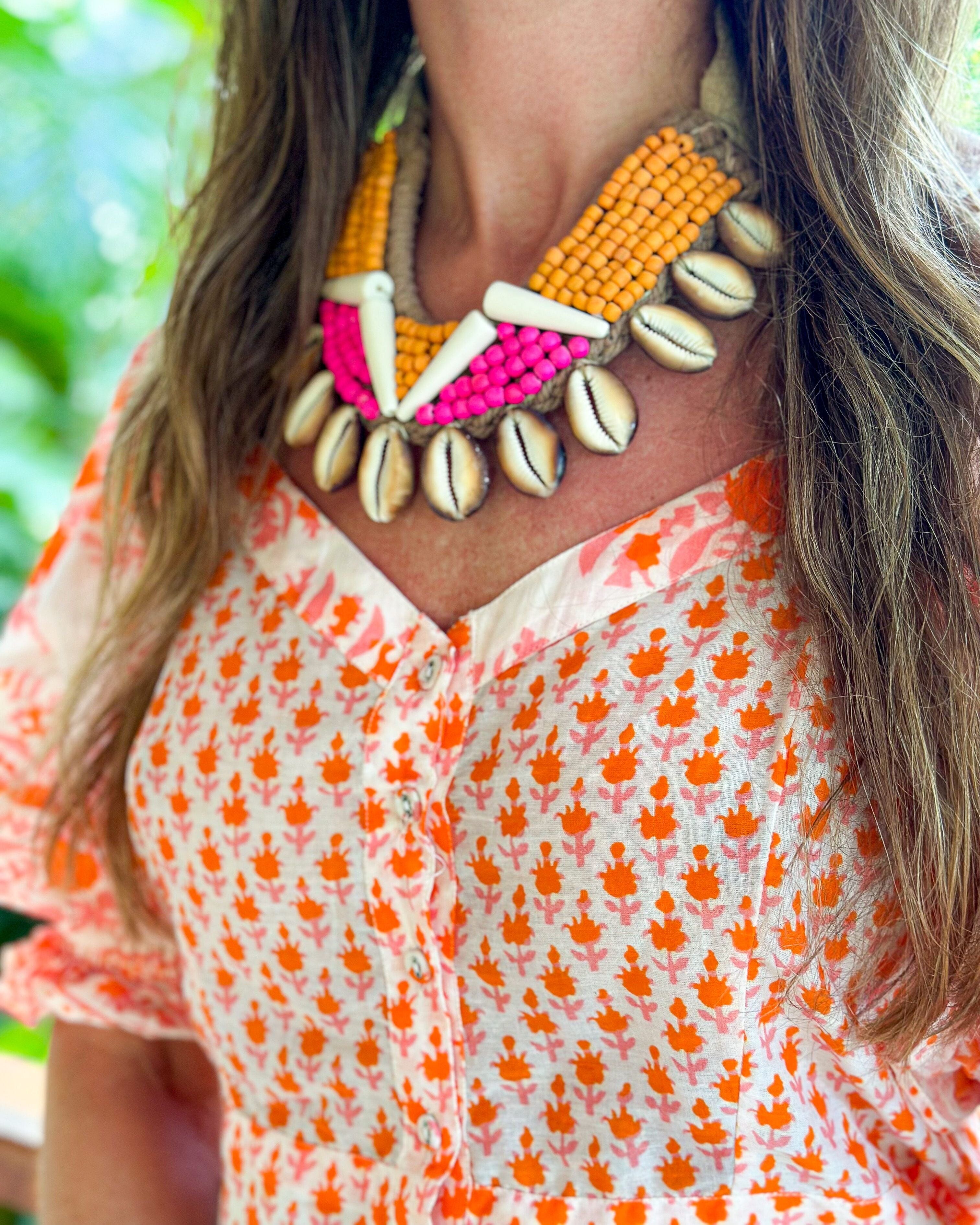 Cowrie Collar Necklace | Pink + Orange
